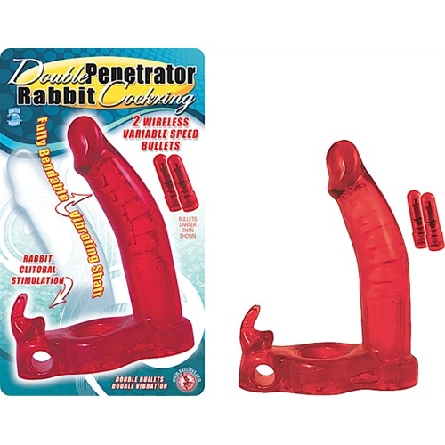 Double Penetrator Rabbit Cock Ring - Red Double Penetrator Rabbit Cock Ring - Red