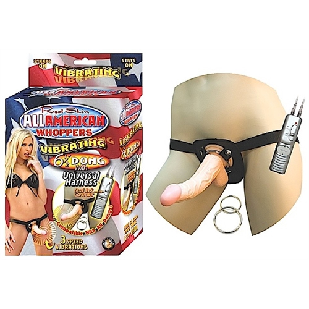 All American Whoppers Vibrating 6.5-Inch Dong With Universasl Harness - Flesh